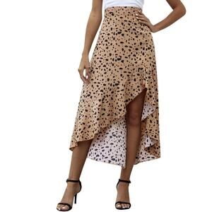 SHEIN • Tan Dalmatian Animal Print Ruffle High Low Pull On Maxi Skirt